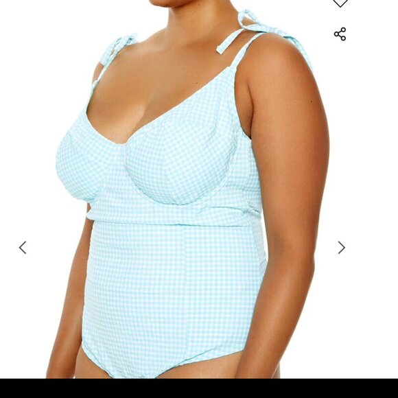 Forever21 Plus Size 3X One Piece Swimsuit Light Aqua White Gingham - Picture 2 of 8